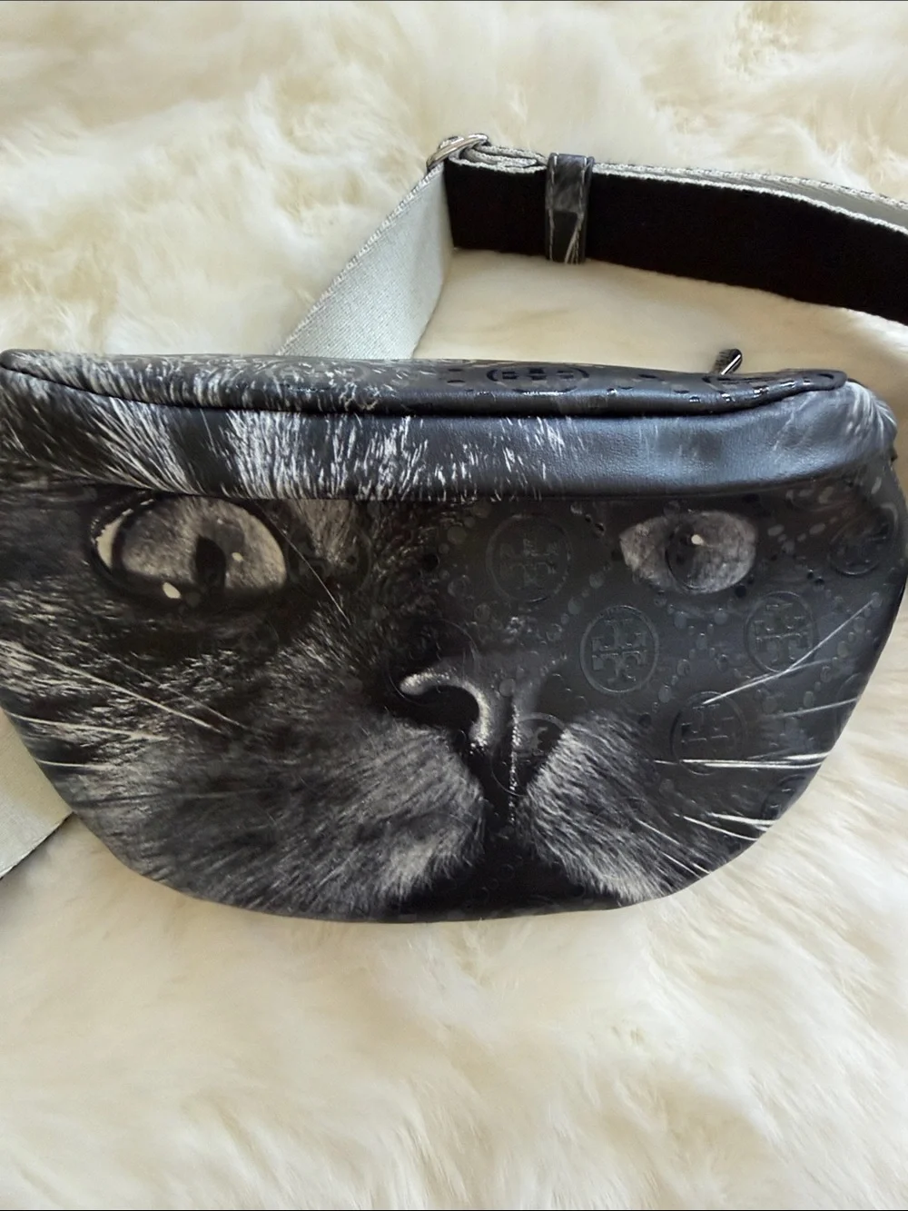 Tory Burch Black Cat Face Belt Bag with Contrast Strap