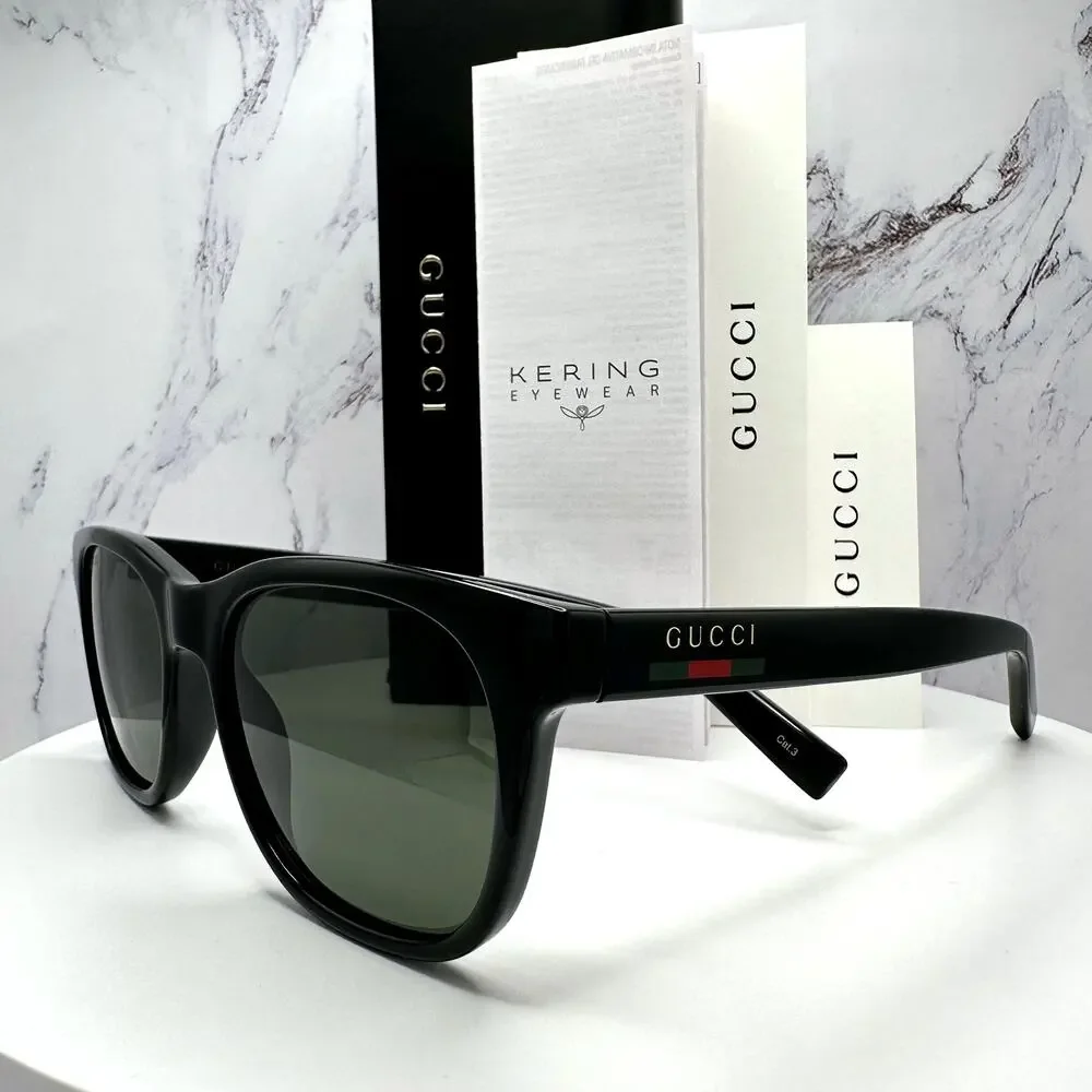 New GUCCI Sunglasses Black 54mm Square Gold Letter Logo Red Green Web Mens