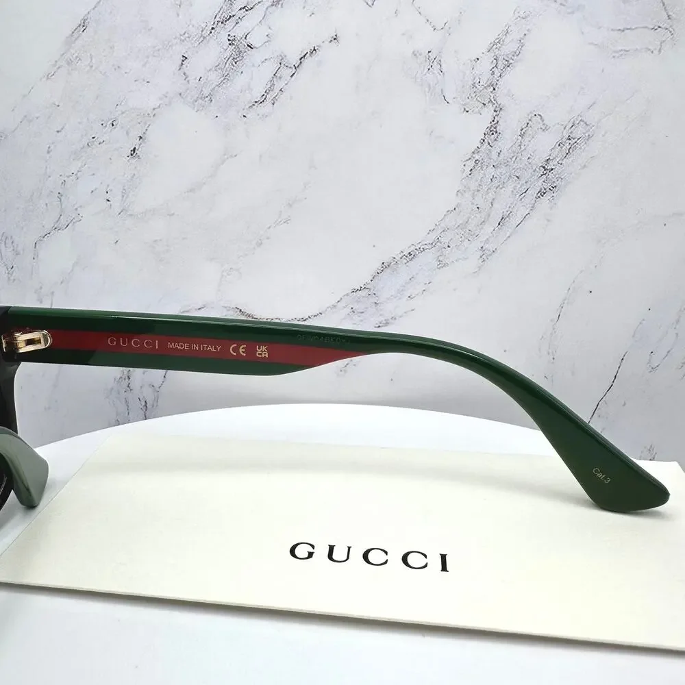 New Gucci Sunglasses Polarized Black Square Red Green Web Arms 56mm Gray Lens