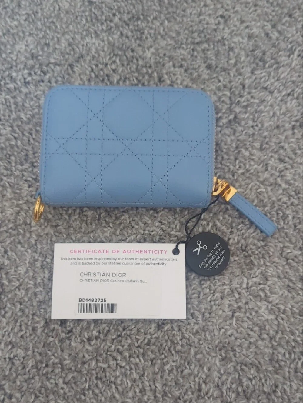 Dior Light Blue Quilted Zip Wallet with Gold Hardware