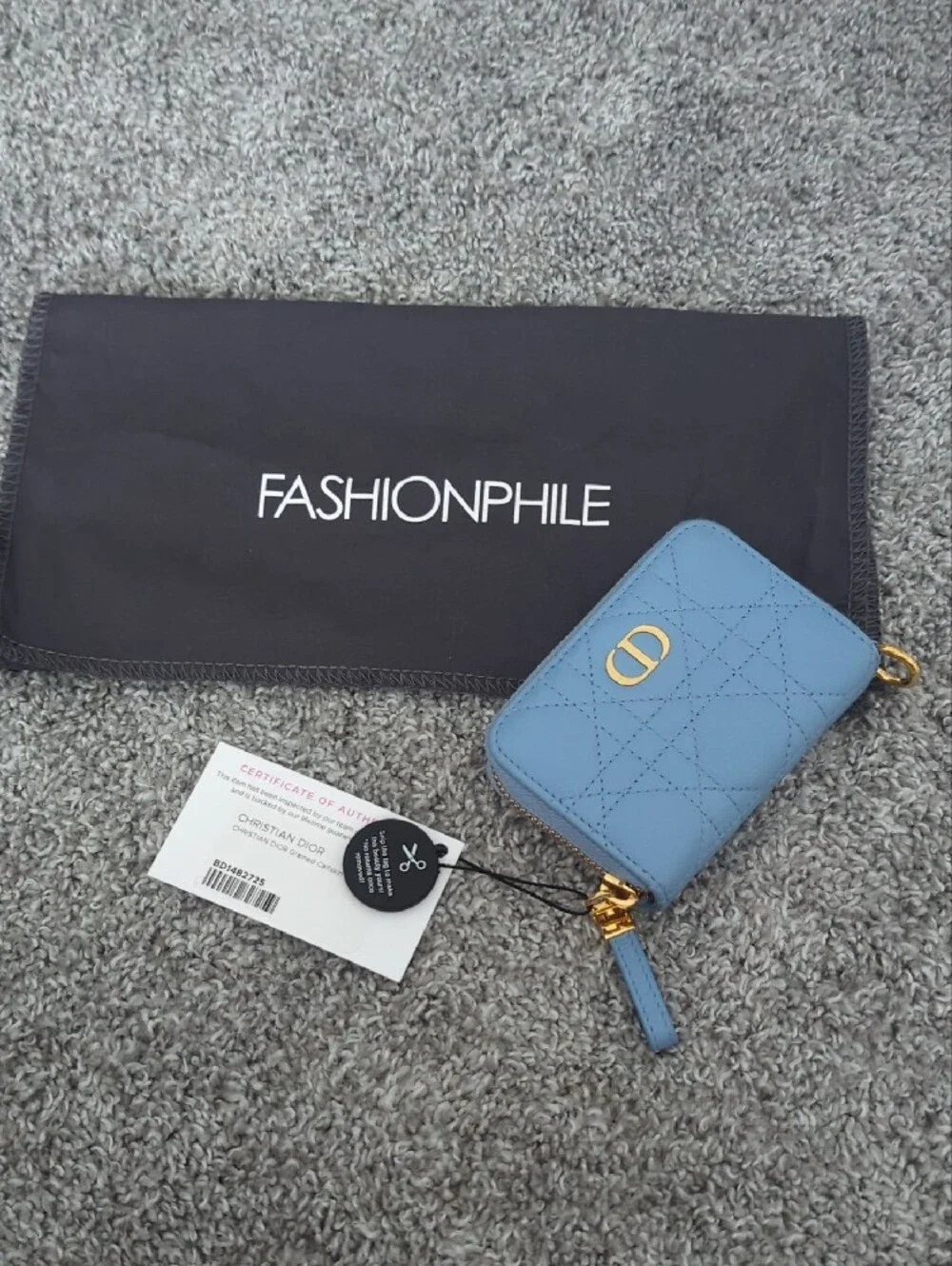 Dior Light Blue Quilted Zip Wallet with Gold Hardware