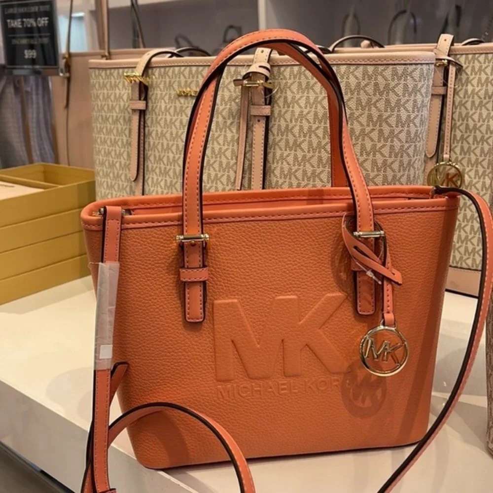 Michael Kors Jet Set Travel XS Embossed Pebbled Leather Tote Bag Sherbert