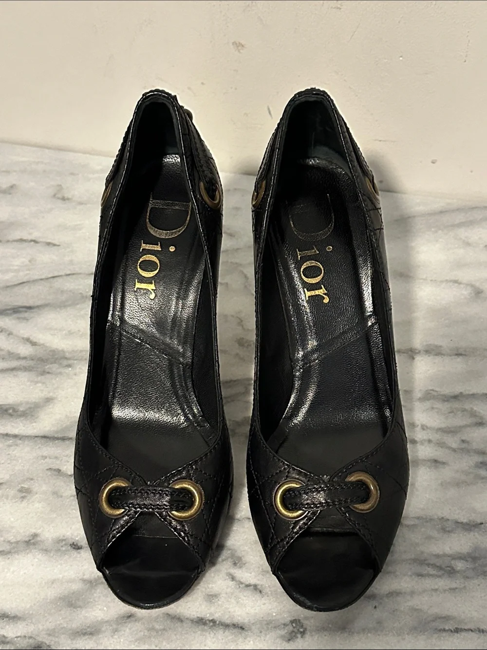 Dior Black Leather Peep-Toe Pumps with Gold Eyelet Detail & D charm Sz 37.5