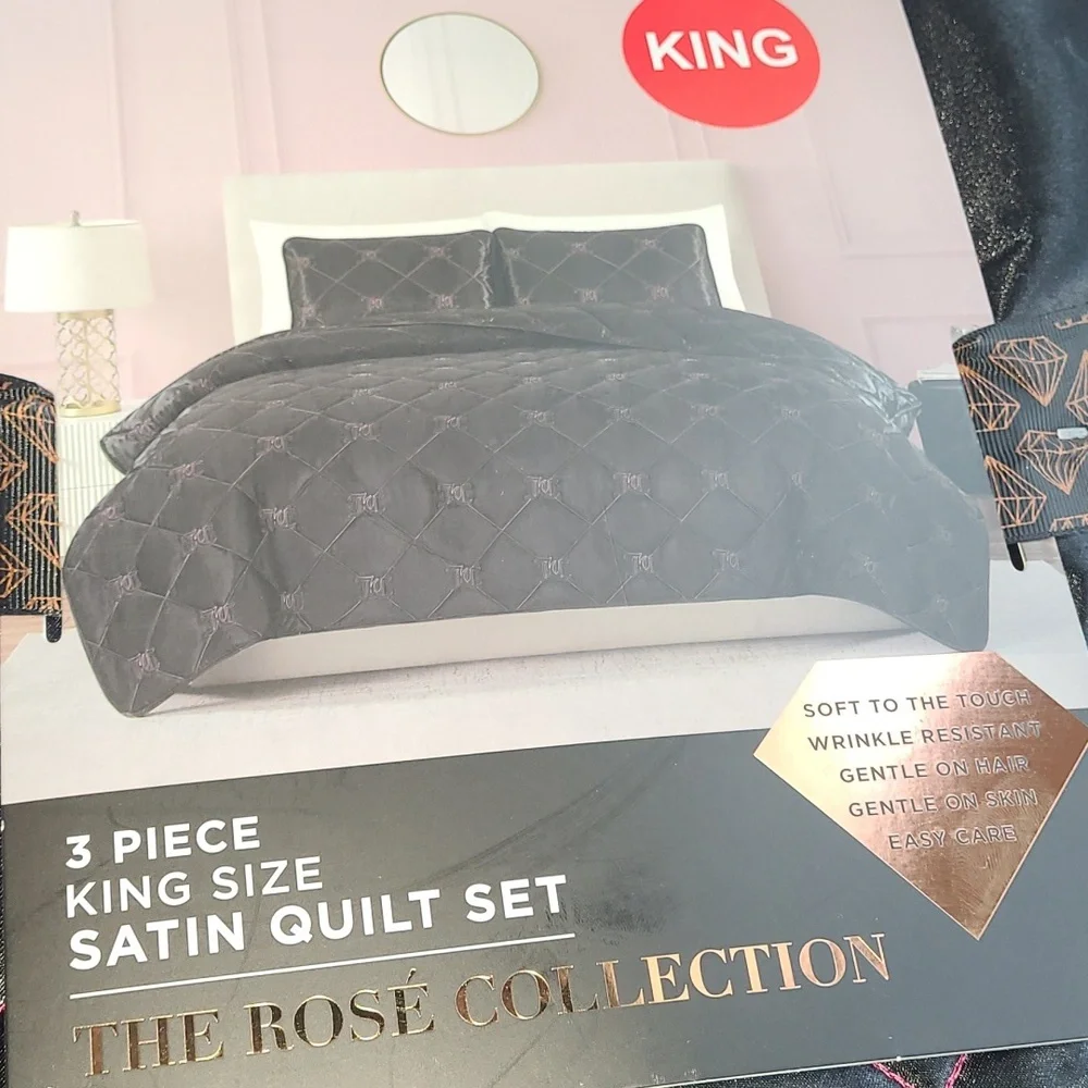 Juicy Couture Black and Pink Satin Quilt Set - King