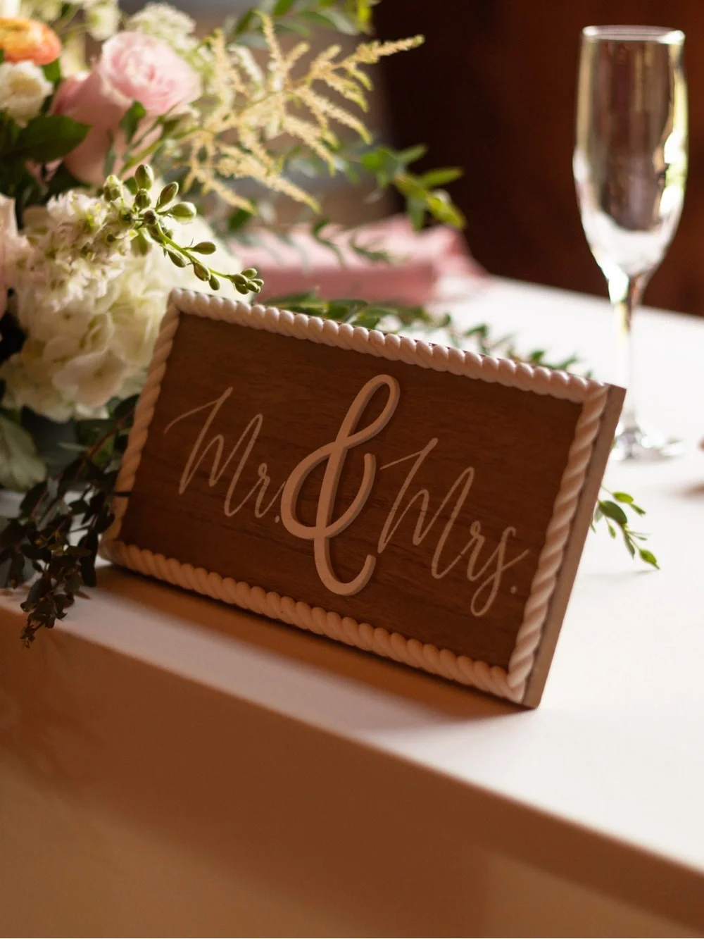 Wooden Mr. & Mrs. Wedding Sign - Brown with White Script