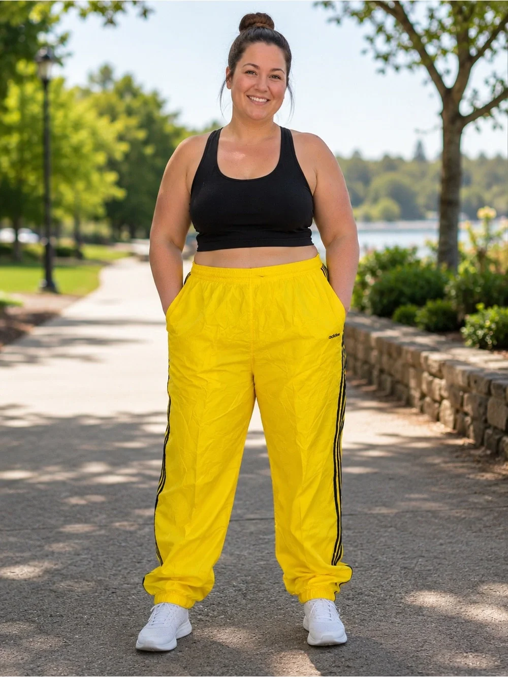 Vintage Adidas Women's Yellow Track Pants with Black Side Stripes