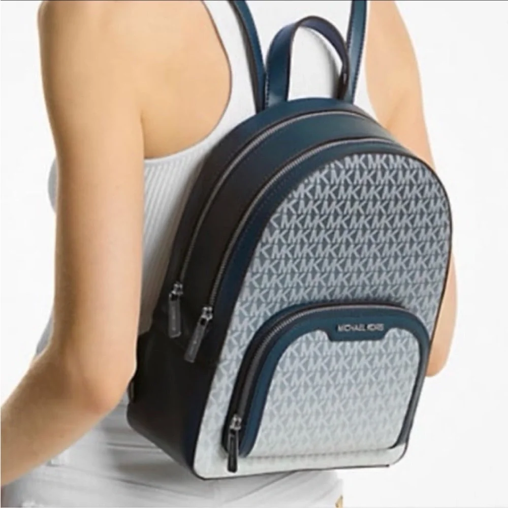 MICHAEL KORS Jaycee Medium Ombré Signature Logo Zip Pocket Backpack Navy NWT