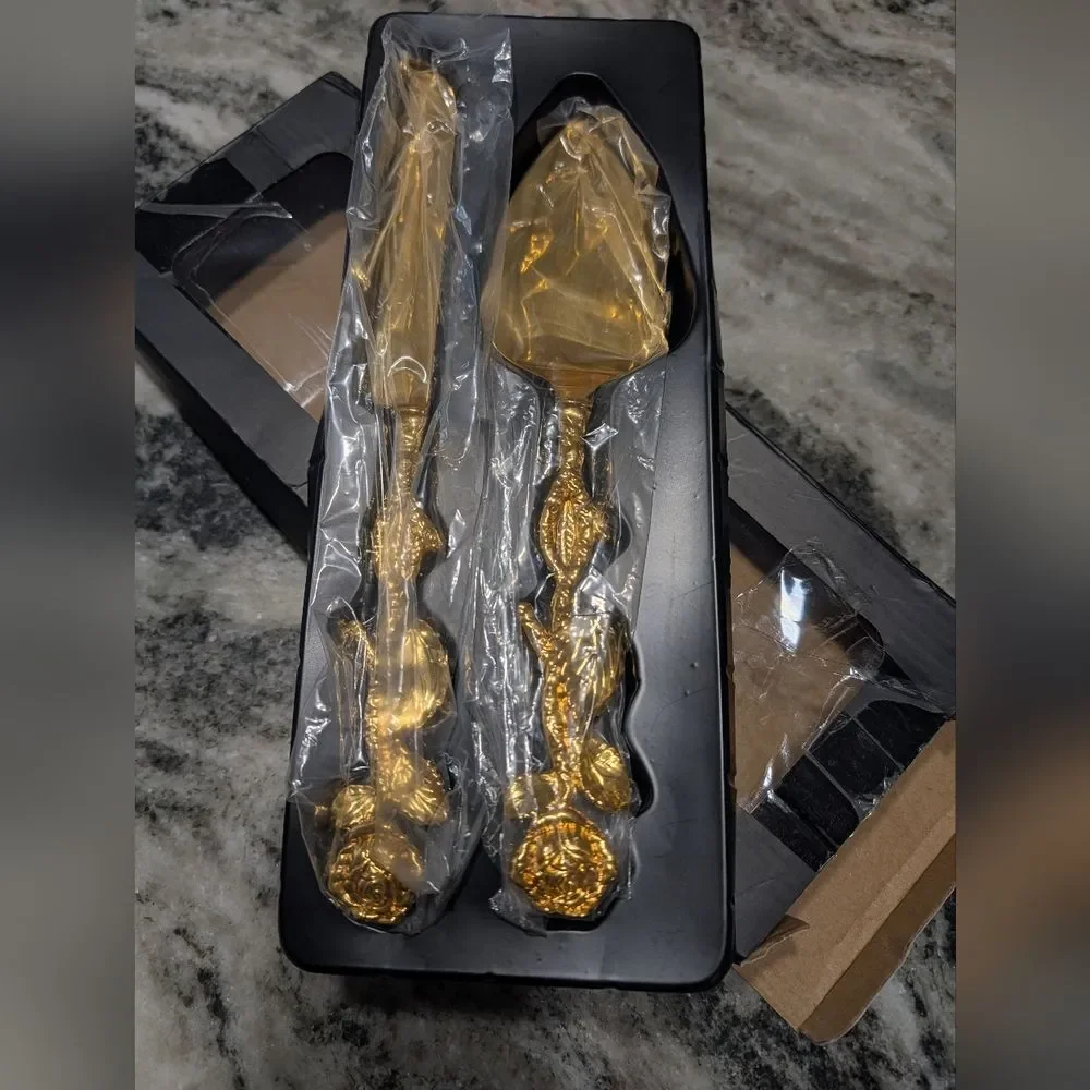 NIB Gold Tone Cake Server and Knife Set, Rose And Leaf Motif, Personalizable
