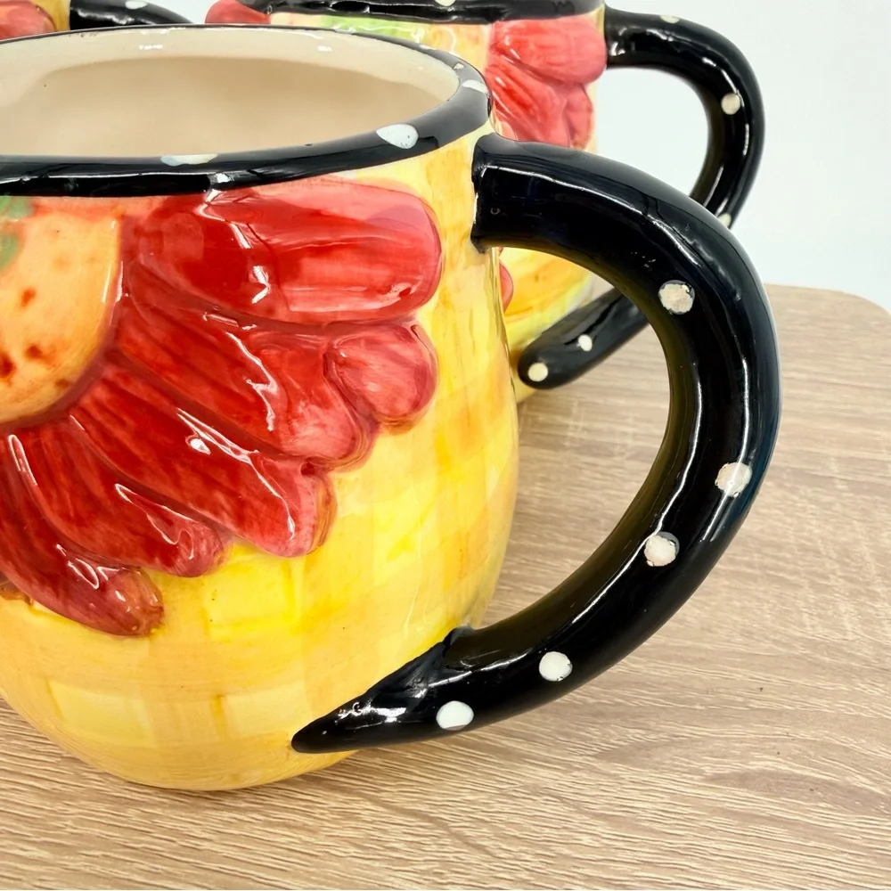 Pier 1 Sunflower Mug Set 4 3D Floral Ceramic Coffee Cup Cottagecore Farmhouse