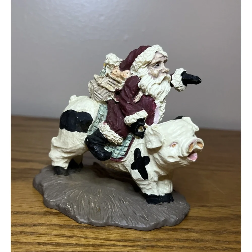 Vintage 90s Santa Clause Riding Pig Resin Christmas Figure Kitschy Funky Farm