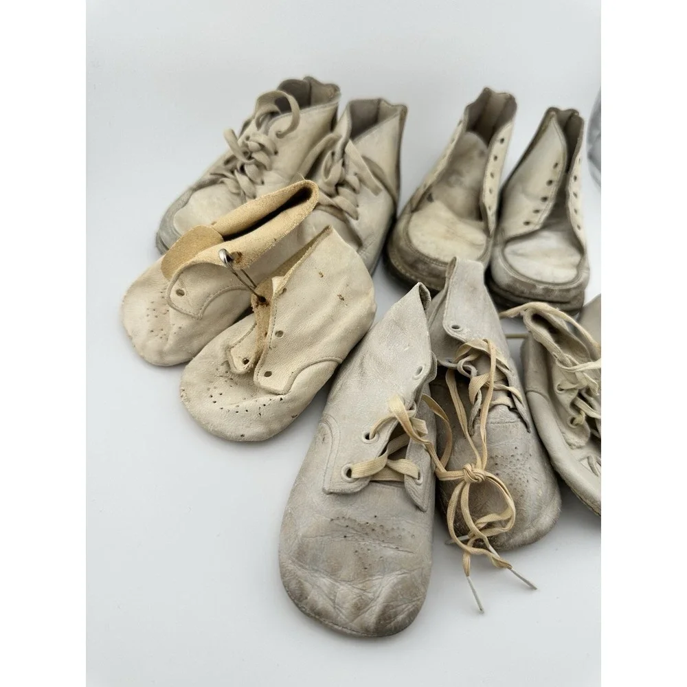 Vtg Baby Shoes Lot White Leather Infant First Walker Shoes 1920s–50s Tiny Titan+