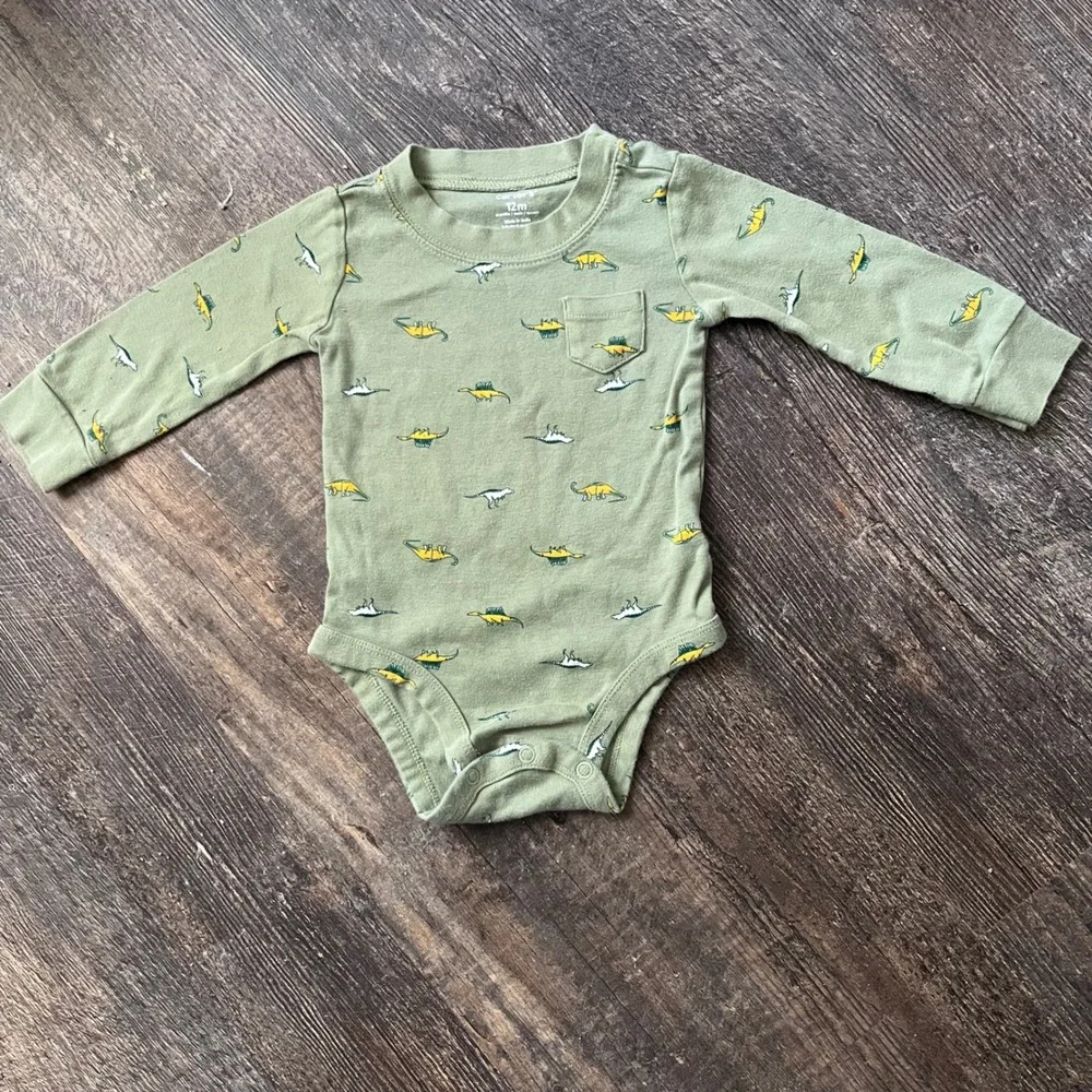 Carter's Dinosaur Bodysuit Long‎ Sleeve Pocket Green Cotton 12M