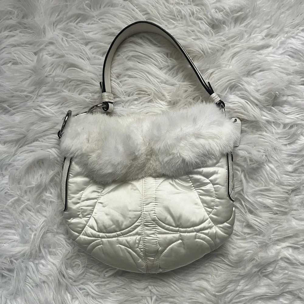 VINTAGE COACH White Fur Trimmed Nylon and Leather SoHo Bag 🤍✨ *rare*
