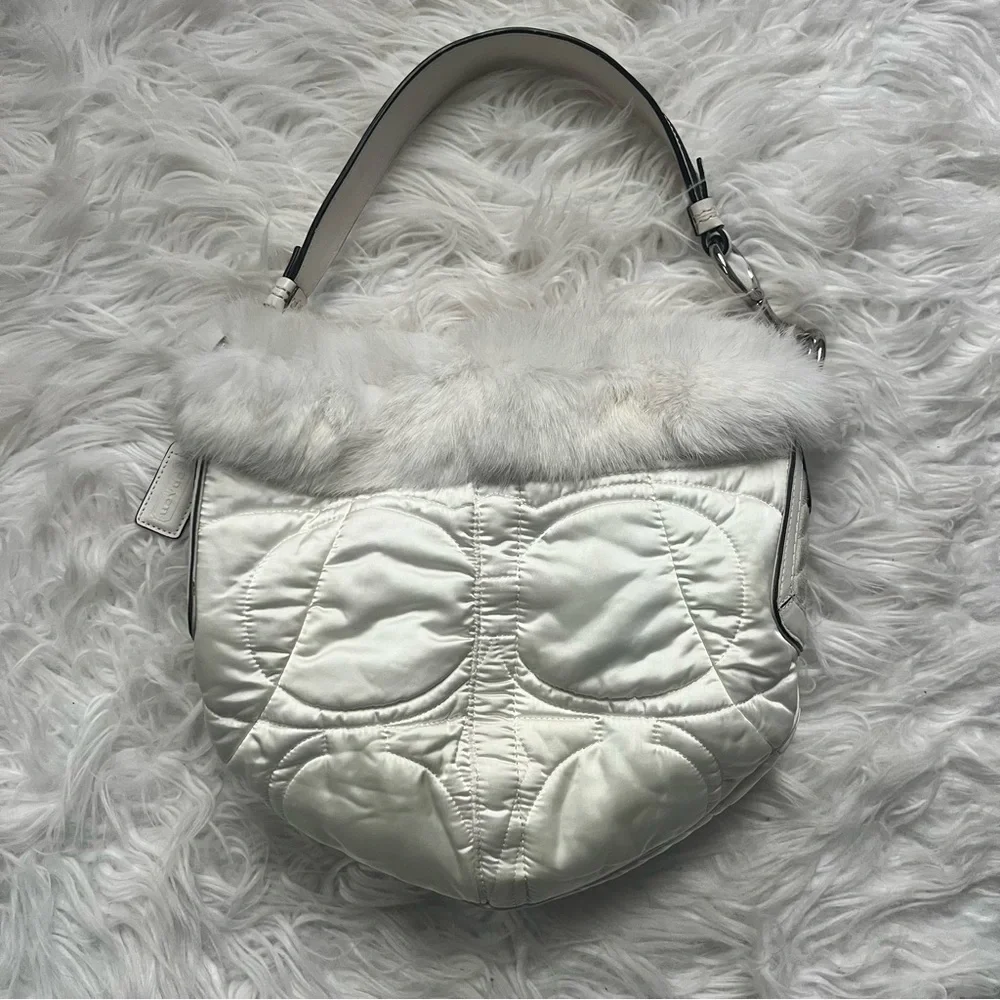 VINTAGE COACH White Fur Trimmed Nylon and Leather SoHo Bag 🤍✨ *rare*