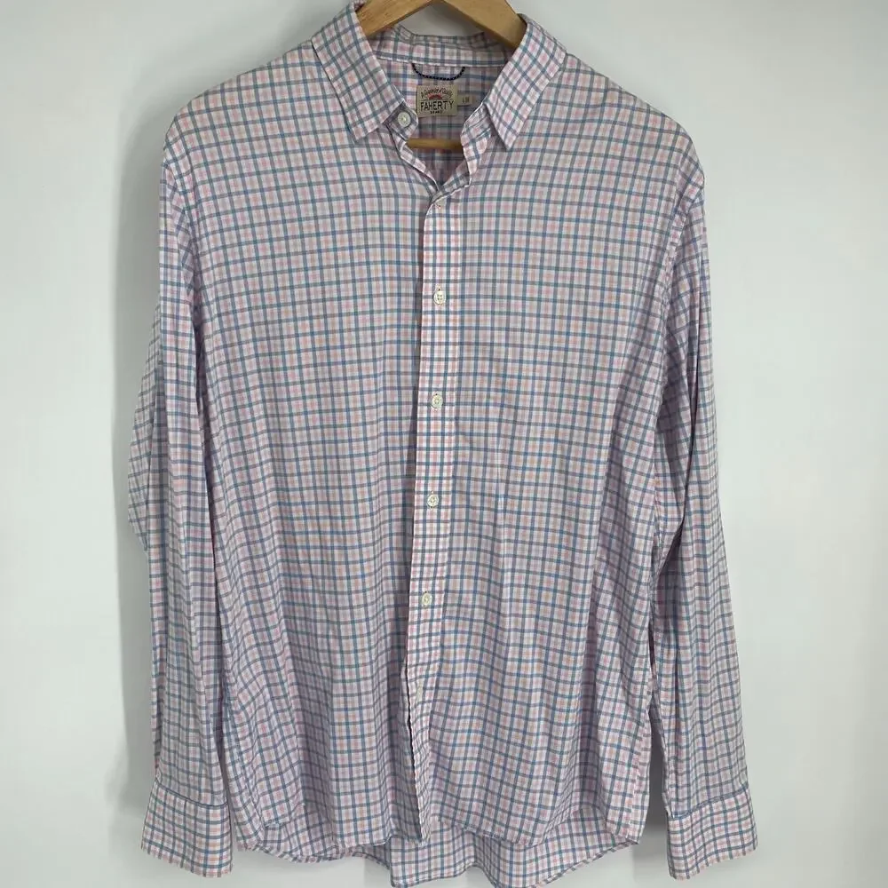 Faherty Top Men’s Large Blue & Pink‎ Plaid Gorpcore Active Outdoor Supima Cotton