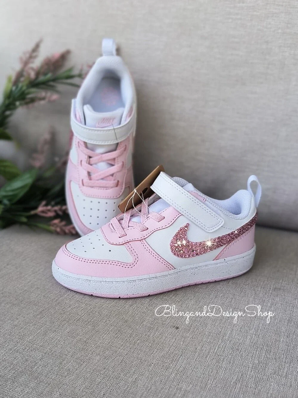 Swarovski Nike Court Borough Low Recraft Girls Toddler Bling Sneakers Pink White