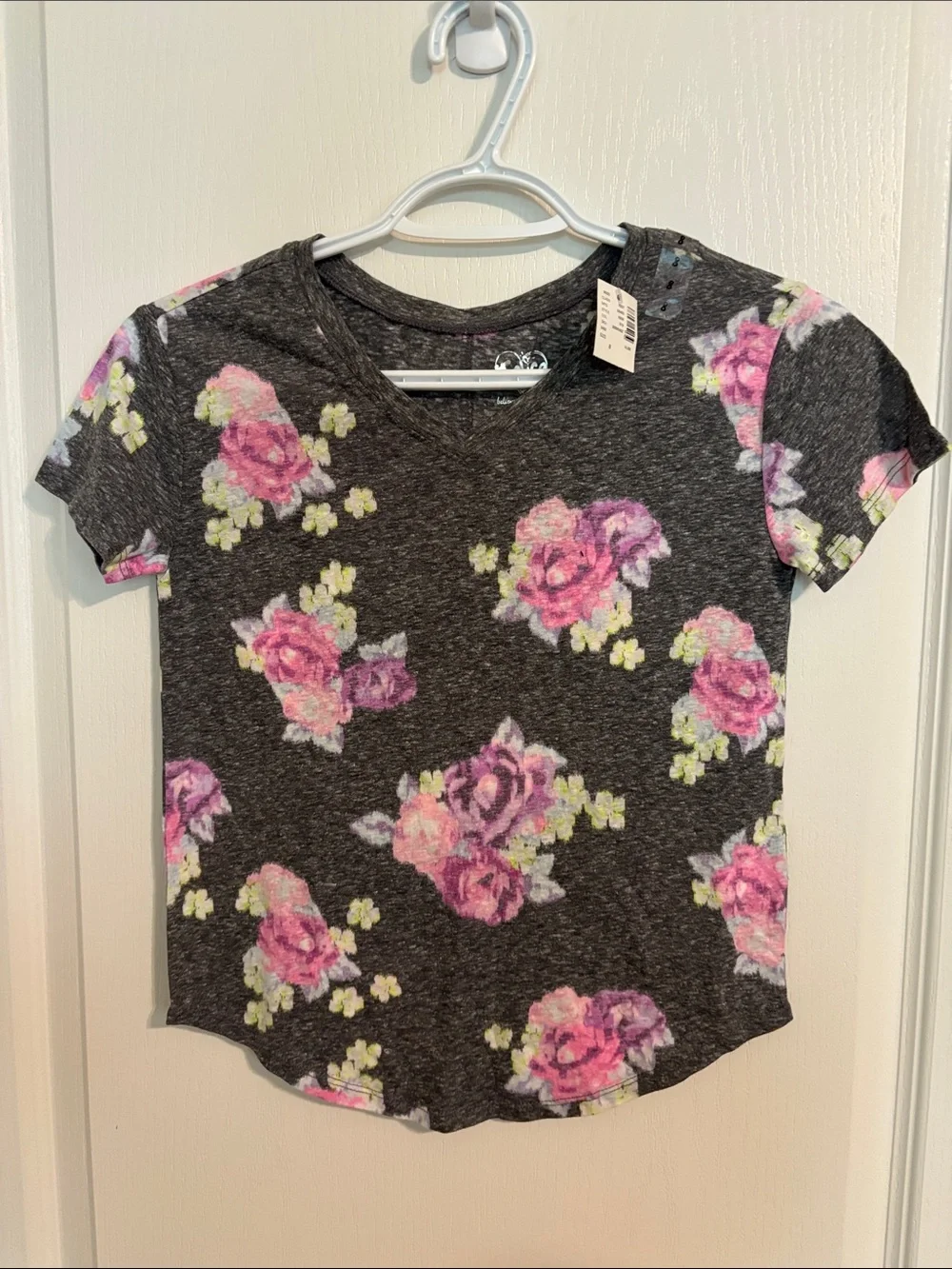 Justice Charcoal Floral V-Neck Tee with Pink Roses