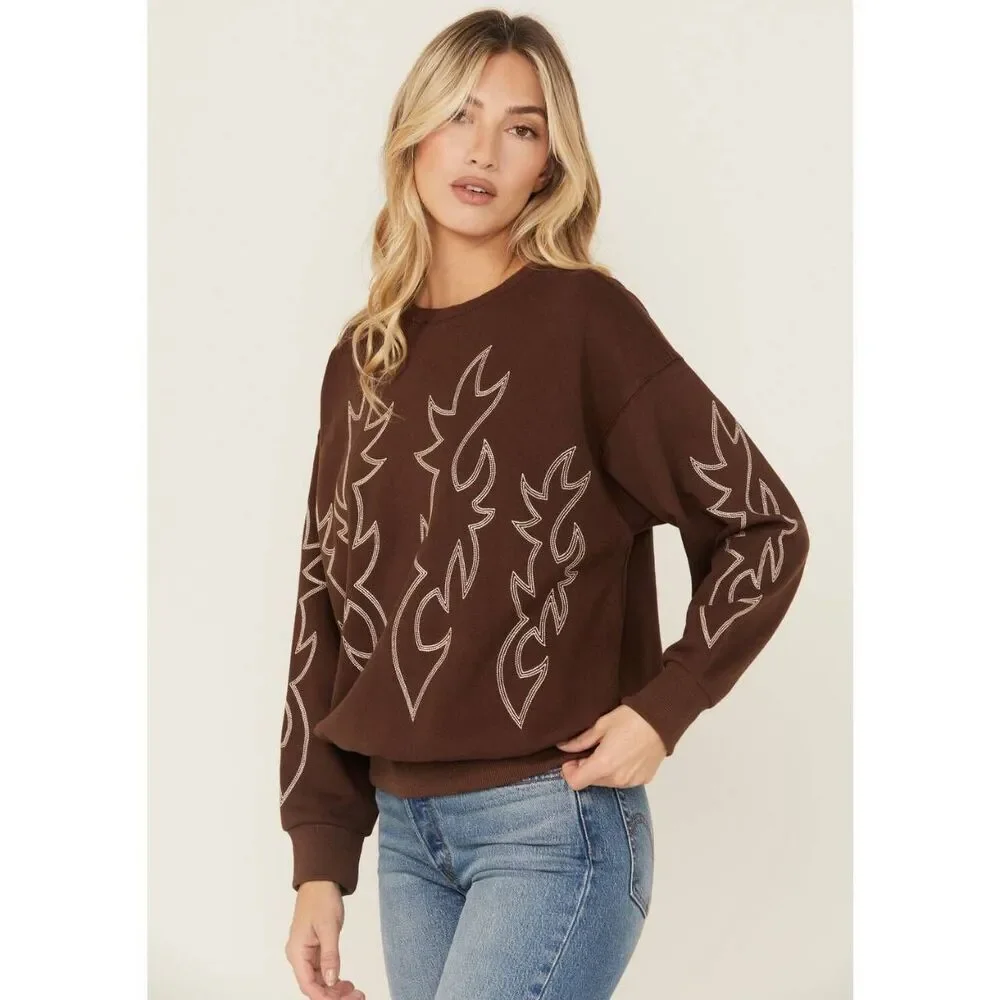 Blue B Boot Stitch Sweatshirt Brown Western Crewneck Size Small NWT