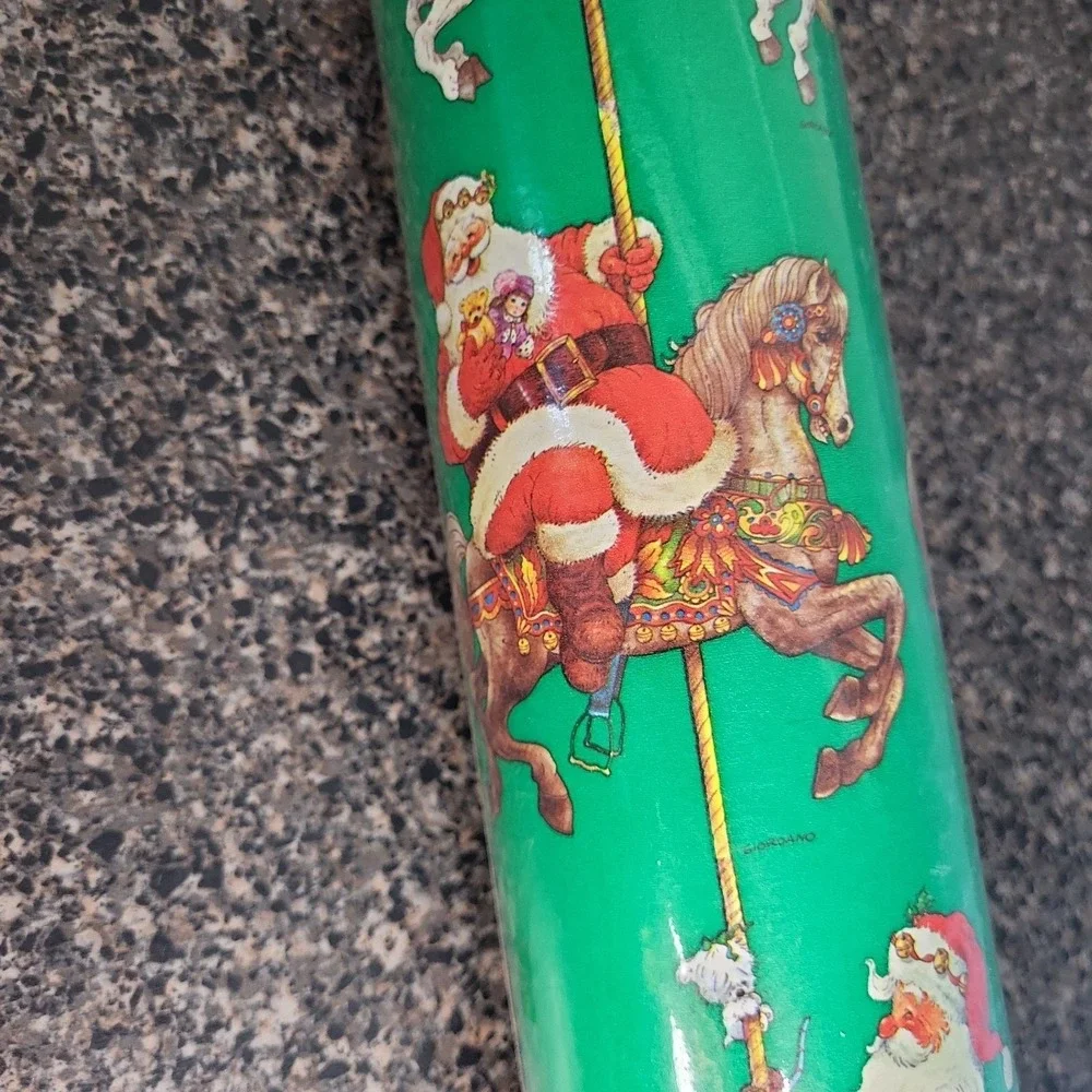 VINTAGE 90's Santa Clause Christmas Wrapping Paper Carousel Horses Giordano