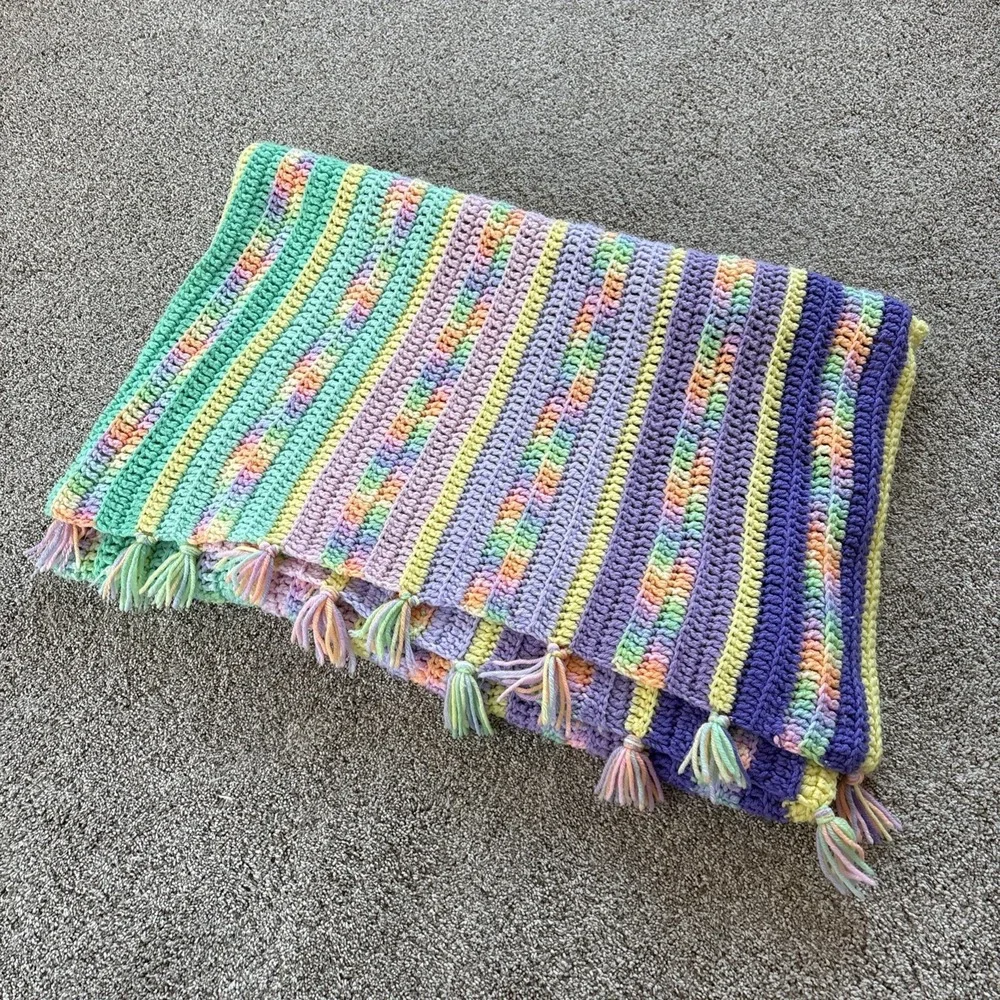 Vtg‎ Handmade Crochet Afghan Large Pastel Throw Blanket Spring Easter 50