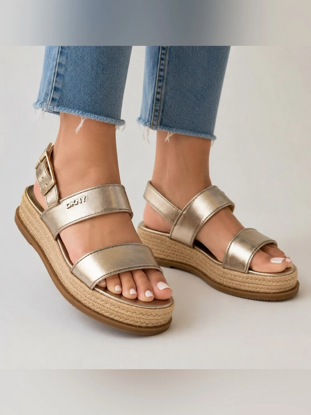 DKNY Metallic Champagne Bernae Slingback Platform Sandals with Ankle Strap NIB