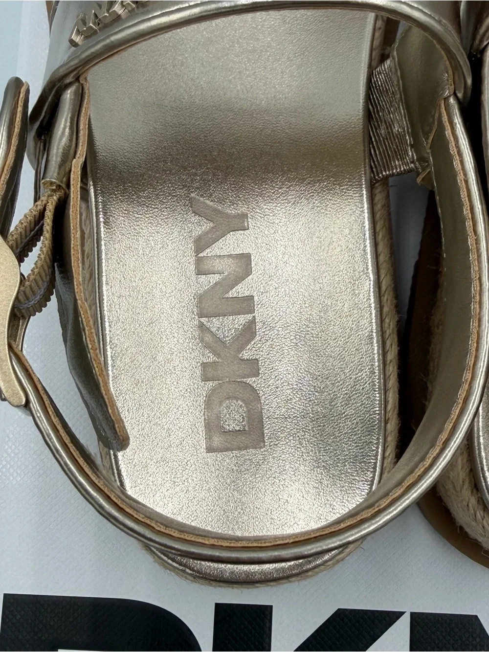 DKNY Metallic Champagne Bernae Slingback Platform Sandals with Ankle Strap NIB