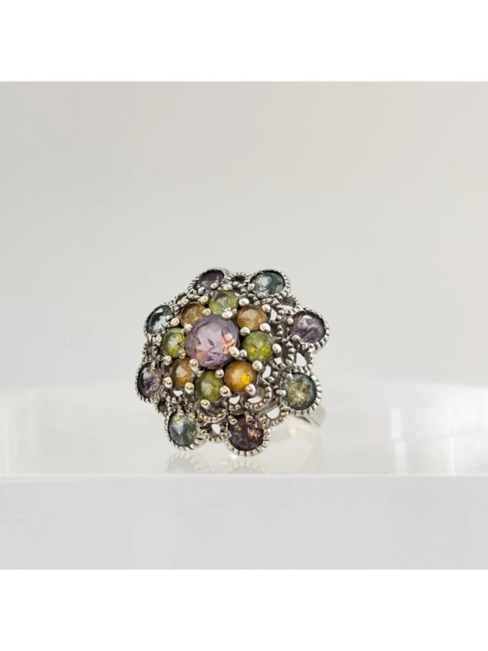 Cluster Rainbow Gemstone Blooming Flower Sterling Silver 925 Vintage Ring - sz 6
