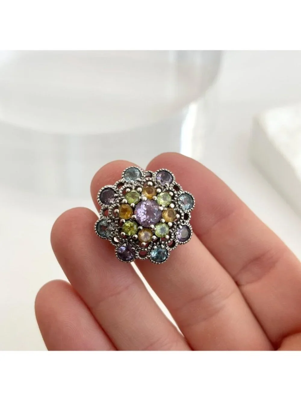 Cluster Rainbow Gemstone Blooming Flower Sterling Silver 925 Vintage Ring - sz 6