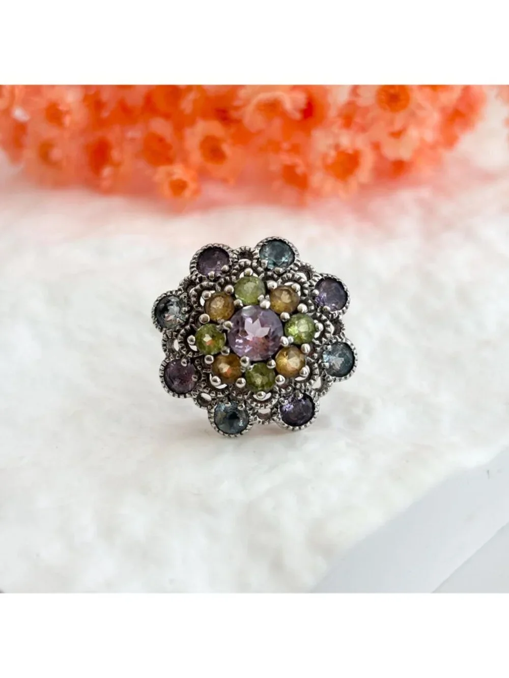 Cluster Rainbow Gemstone Blooming Flower Sterling Silver 925 Vintage Ring - sz 6