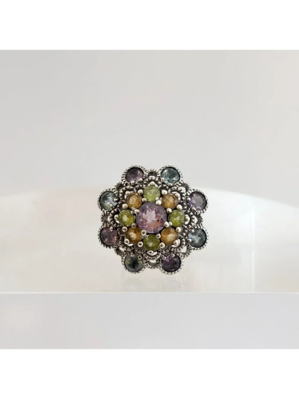 Cluster Rainbow Gemstone Blooming Flower Sterling Silver 925 Vintage Ring - sz 6