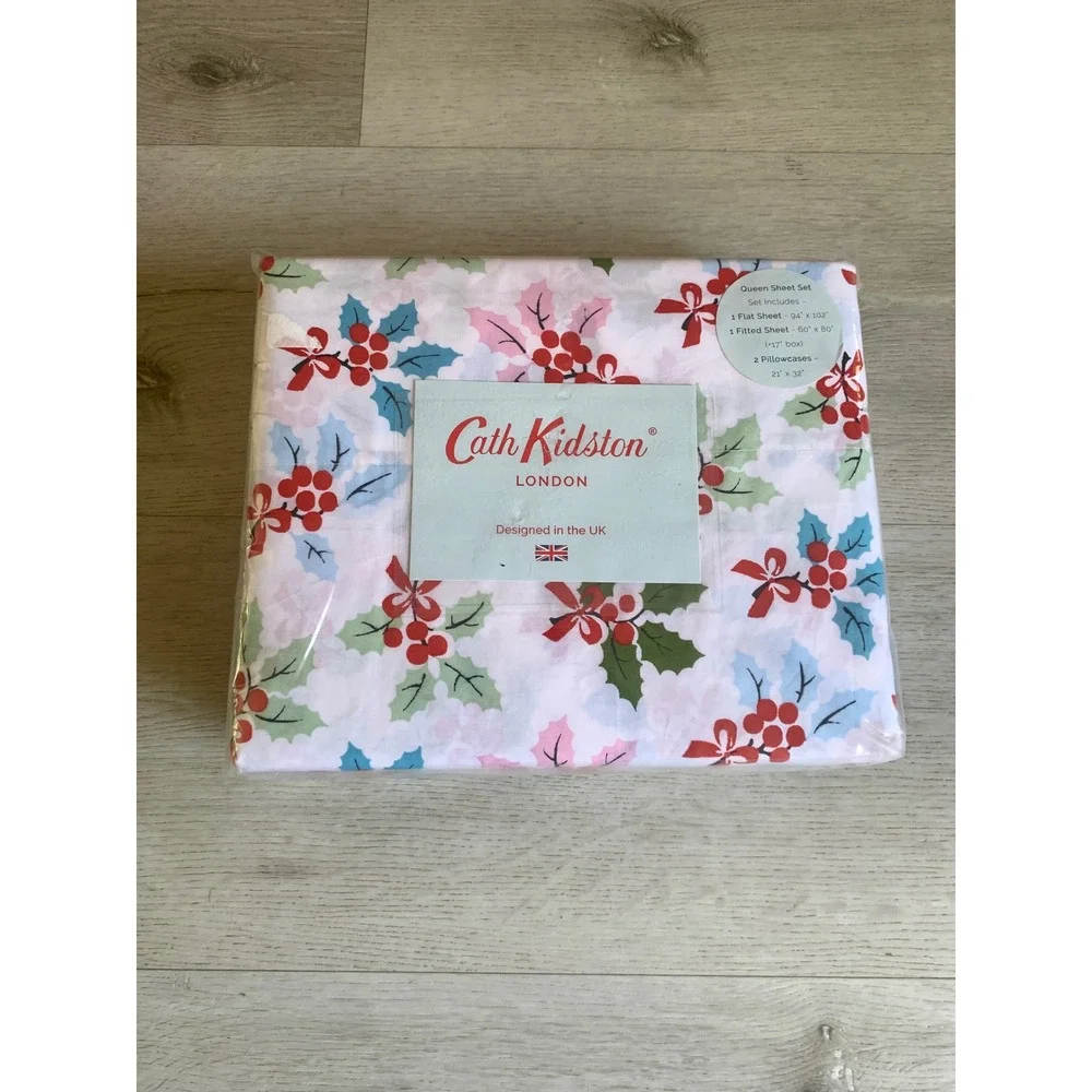 Cath Kidston Queen Sheet Set Holly Berry Christmas Holiday Floral 4‎ Piece NEW