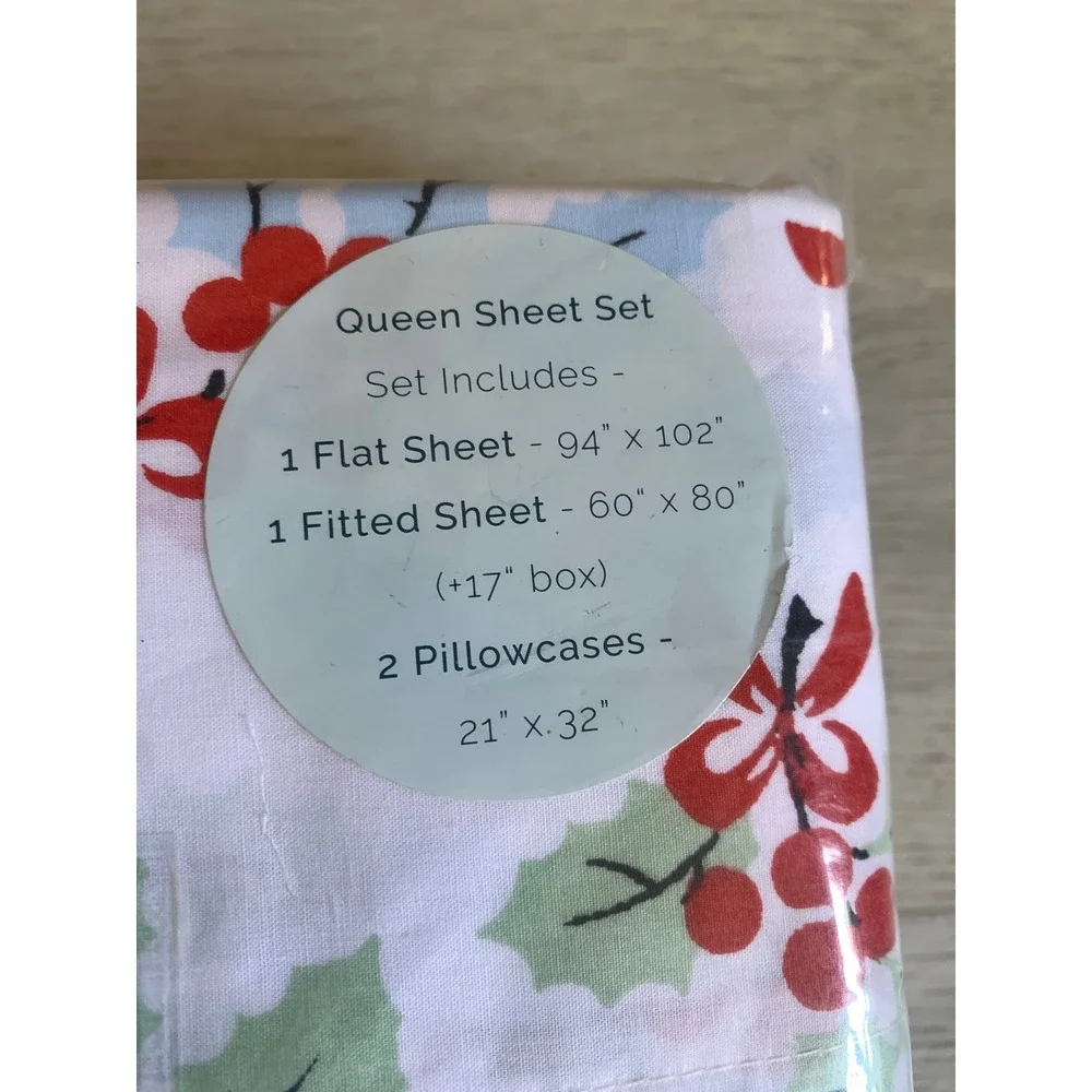 Cath Kidston Queen Sheet Set Holly Berry Christmas Holiday Floral 4‎ Piece NEW