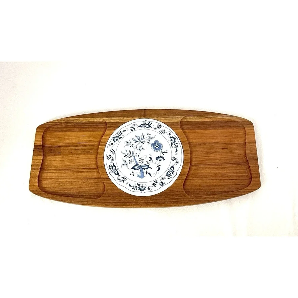 Vintage Dolphin Teak Wood Blue Onion Tile Cheese Cutting Board Serving Tray