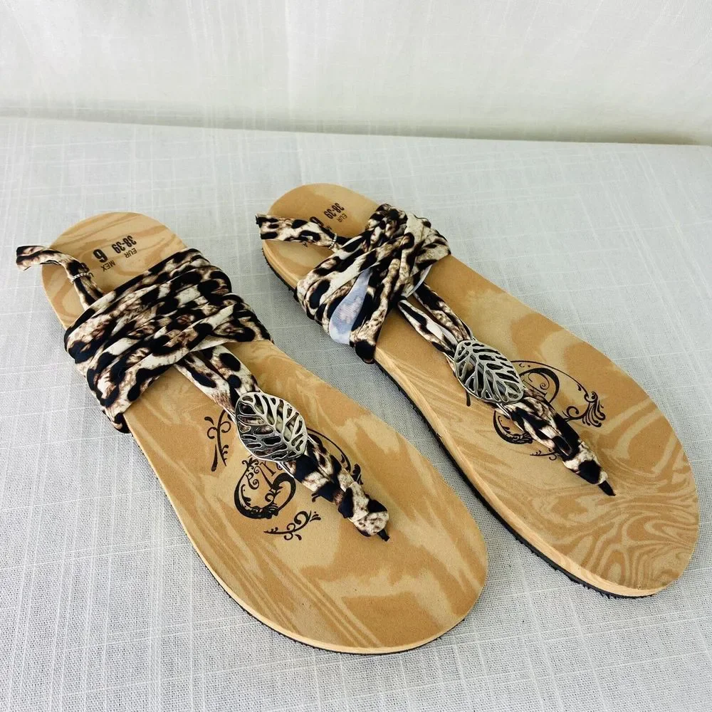 Chula 3 Loop Flat Lace Up Sandals Leopard‎ Interchangeable Laces Womens 8-9 NEW