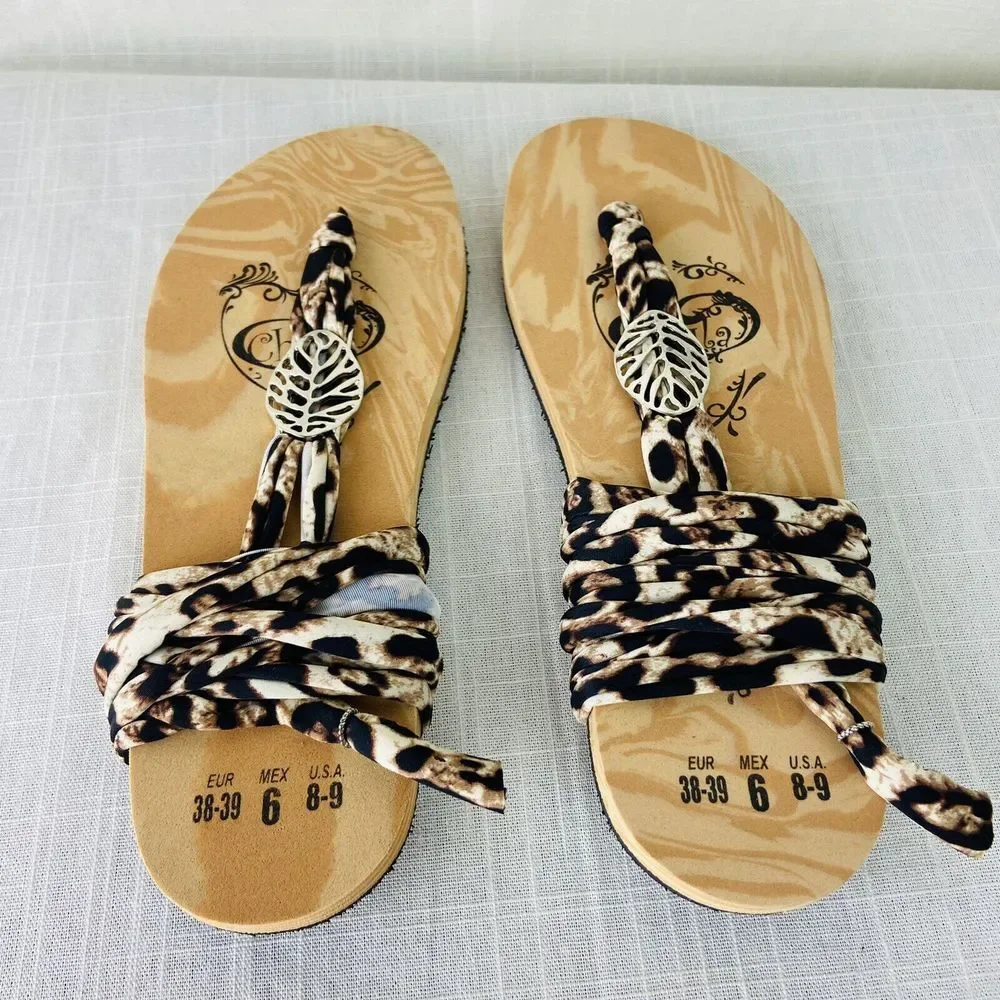 Chula 3 Loop Flat Lace Up Sandals Leopard‎ Interchangeable Laces Womens 8-9 NEW