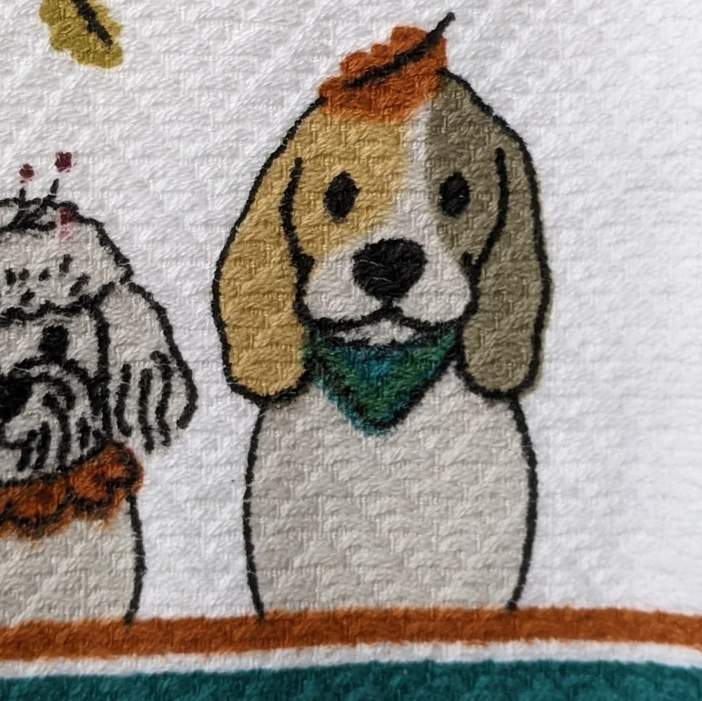 Dog Print Fall Autumn Leaves Theme Kitchen Towel Set Of Two White Multi NWT