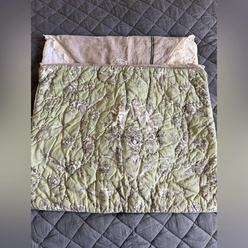 Soft Surroundings Quilted Pillow Sham Cottagecore Lace Linen Cotton Floral Stand