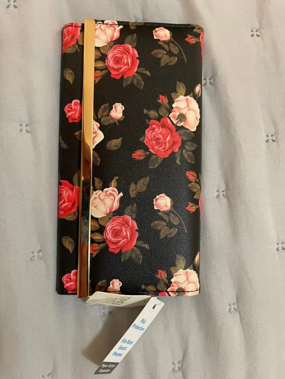 NWT Time & Tru Piper Clutch Wallet | Black Rose Floral | RFID Protection
