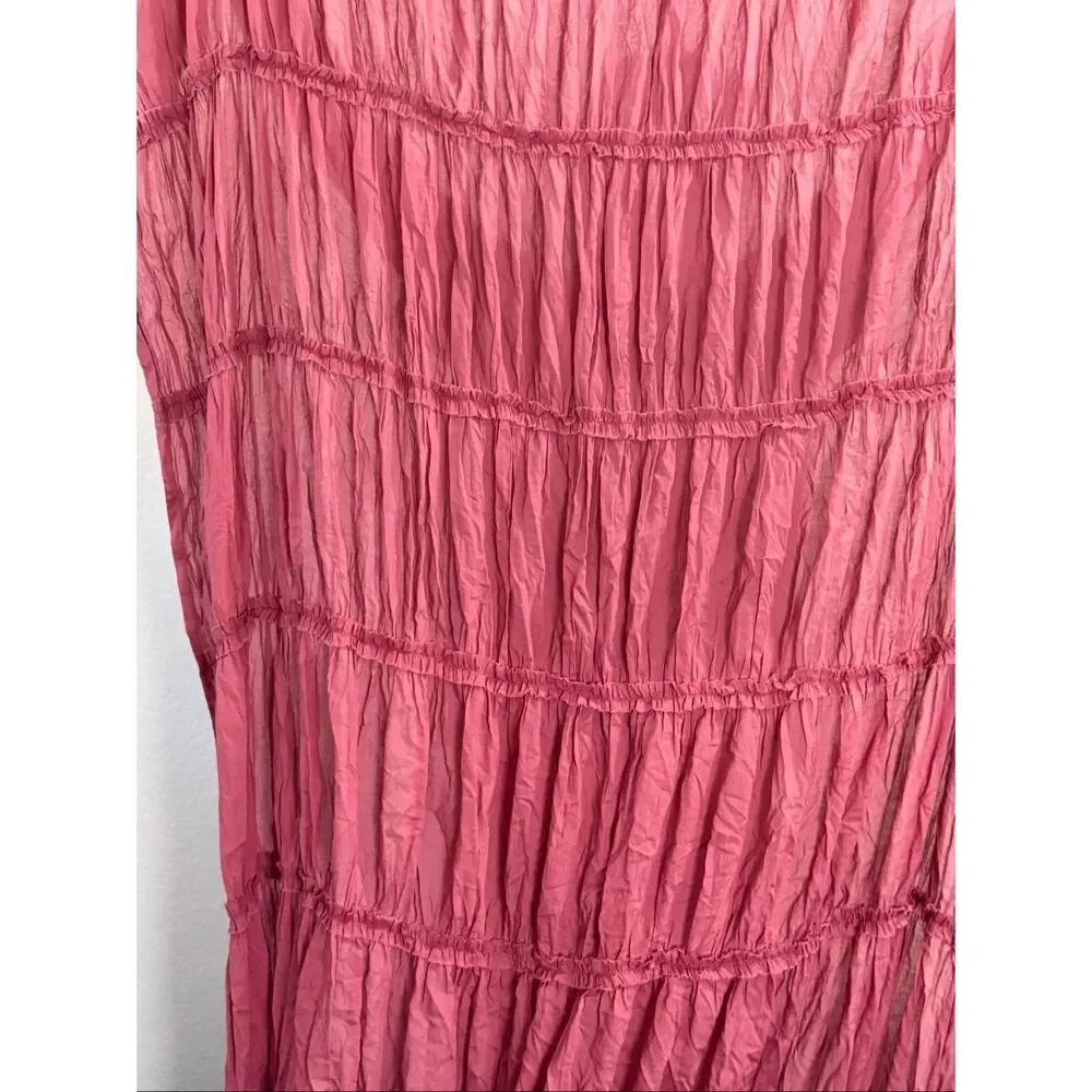 Anthropologie raspberry pink Tiered Ruffle tie curtain panel