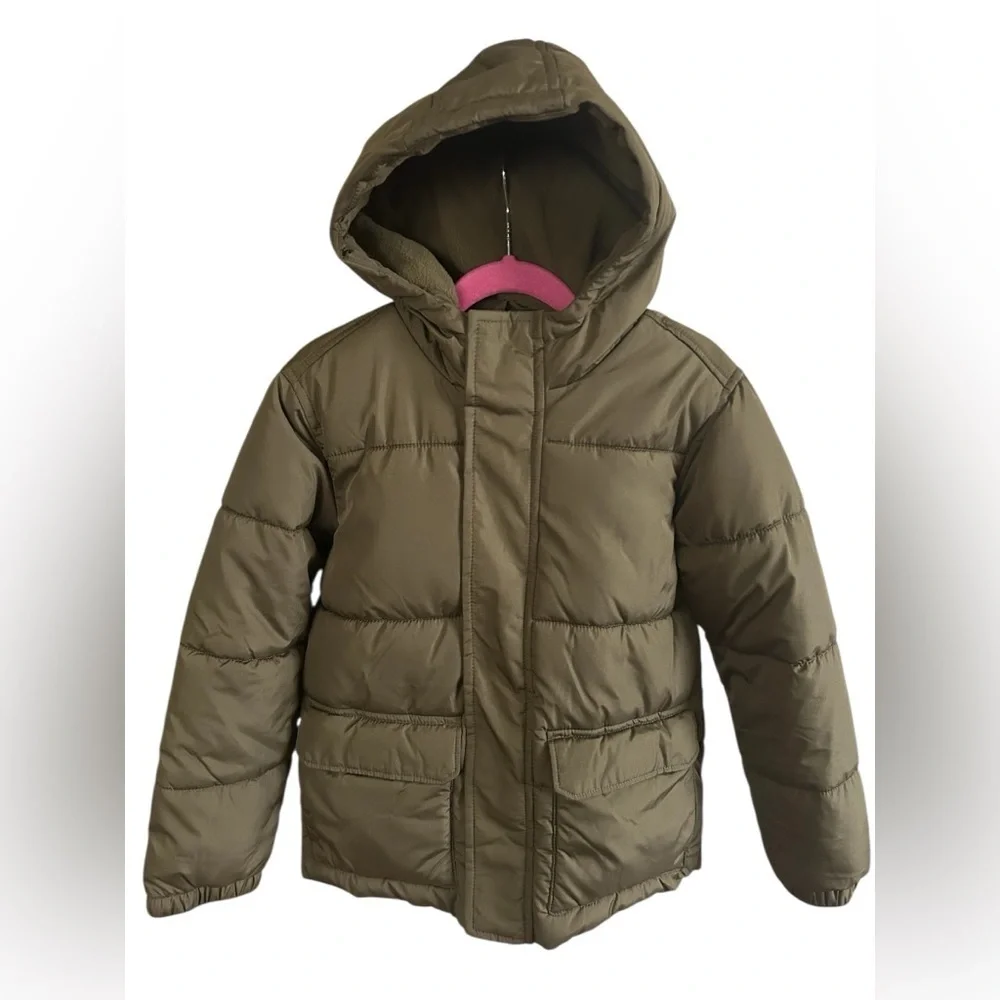 Old Navy Olive Green Hooded Puffer Jacket Girls Size S 6-7