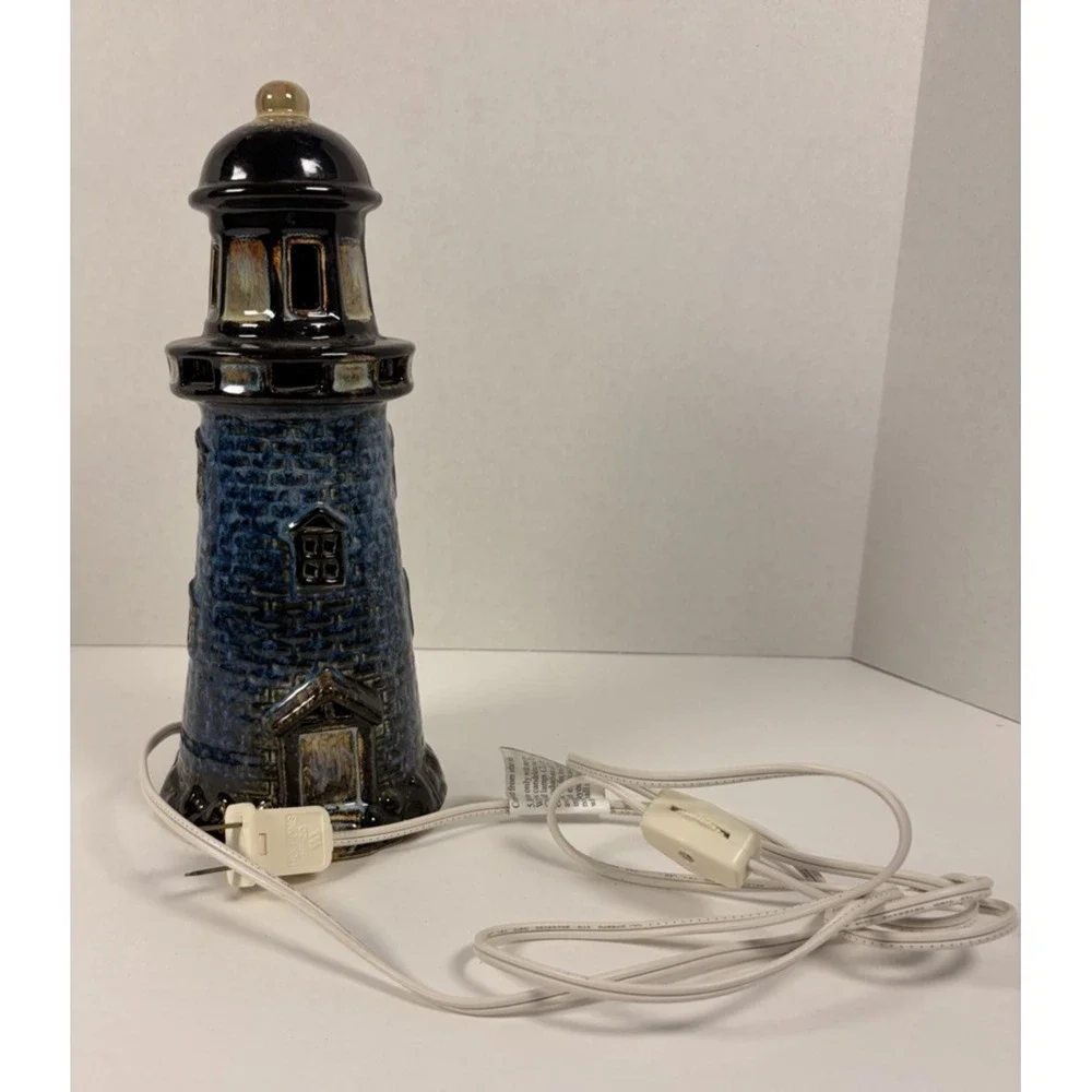 VTG Glazed Ceramic Lighthouse Plug in Table Lamp Light Blue Nautical 10