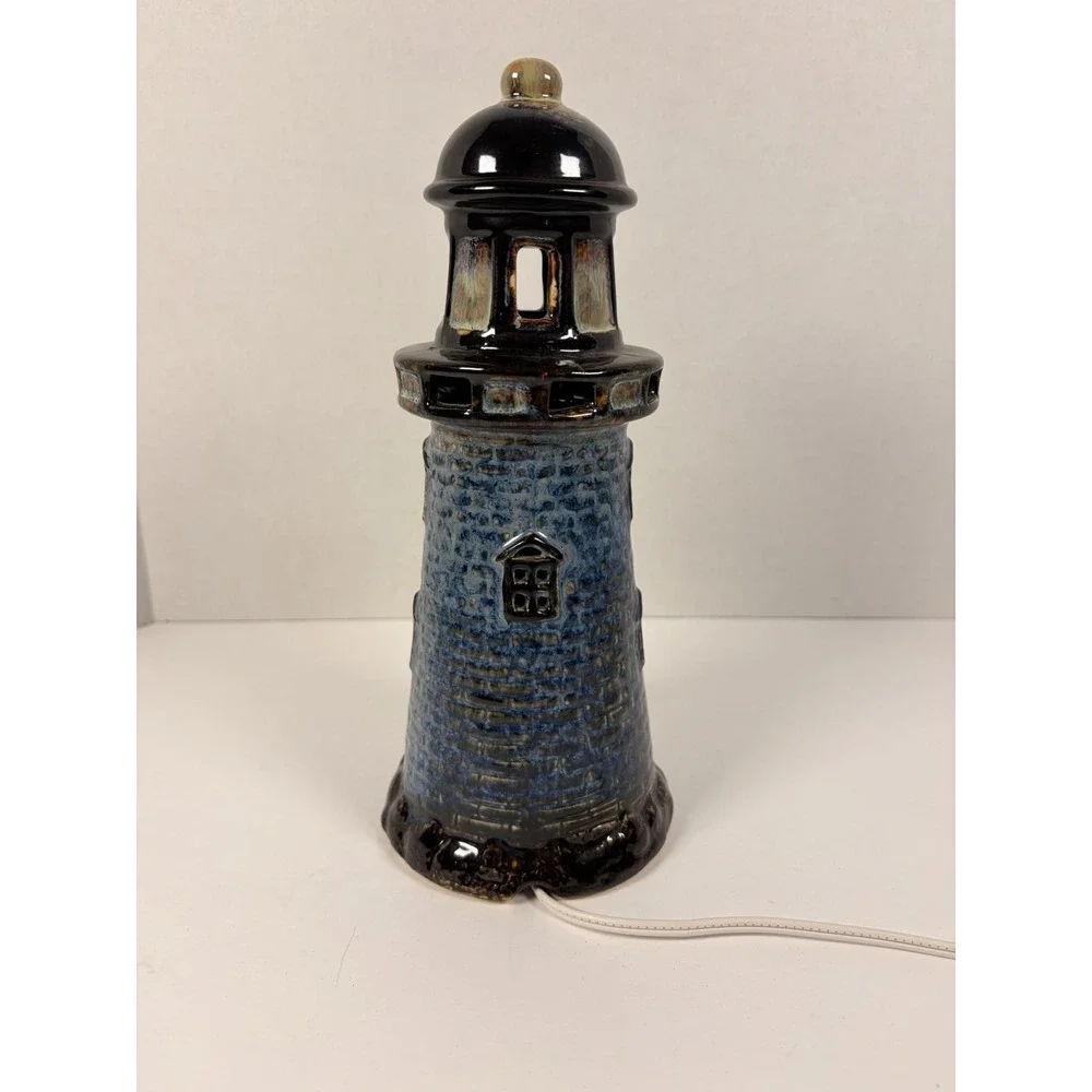 VTG Glazed Ceramic Lighthouse Plug in Table Lamp Light Blue Nautical 10