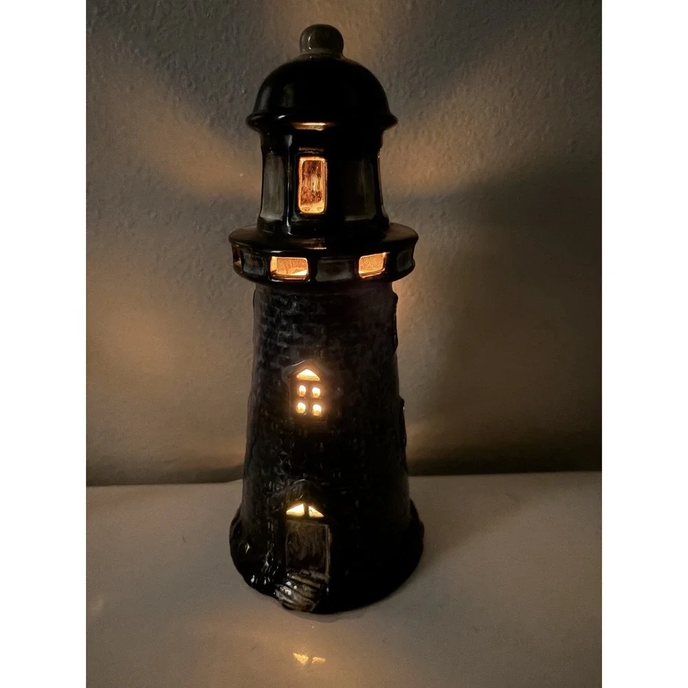 VTG Glazed Ceramic Lighthouse Plug in Table Lamp Light Blue Nautical 10