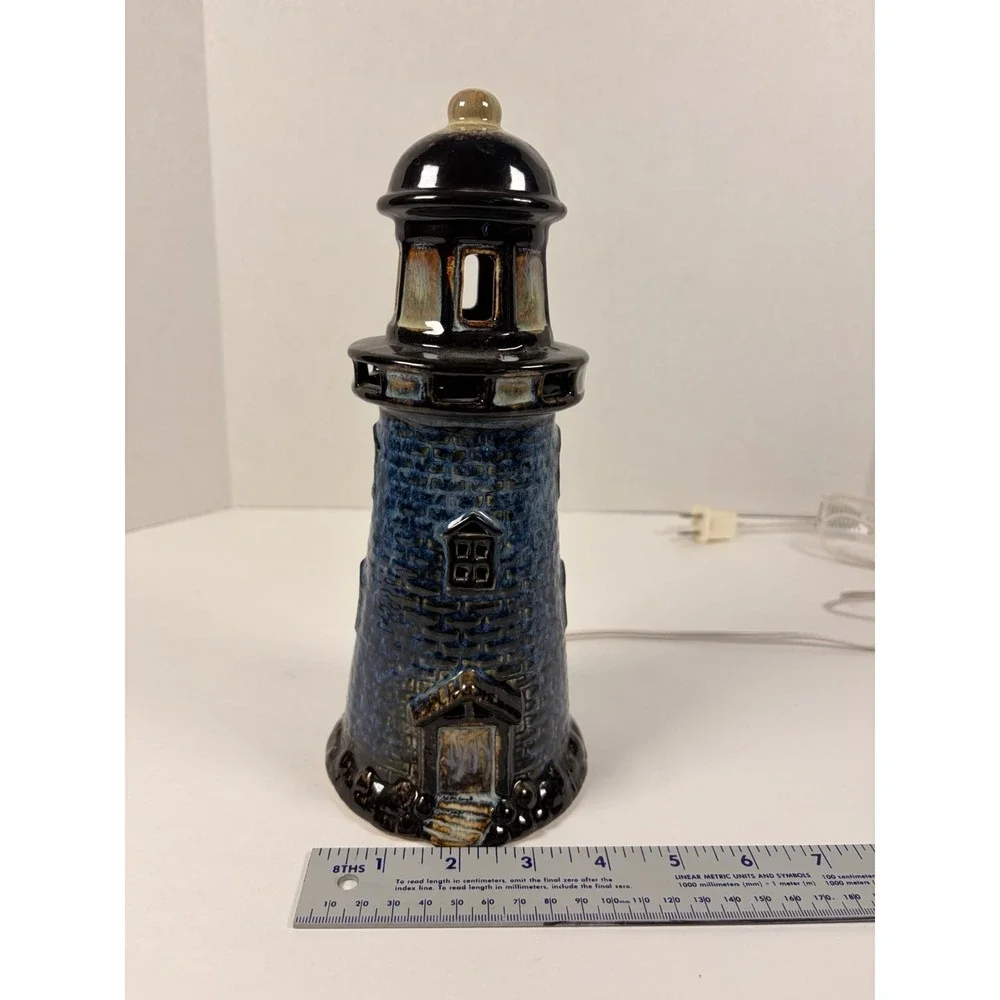 VTG Glazed Ceramic Lighthouse Plug in Table Lamp Light Blue Nautical 10