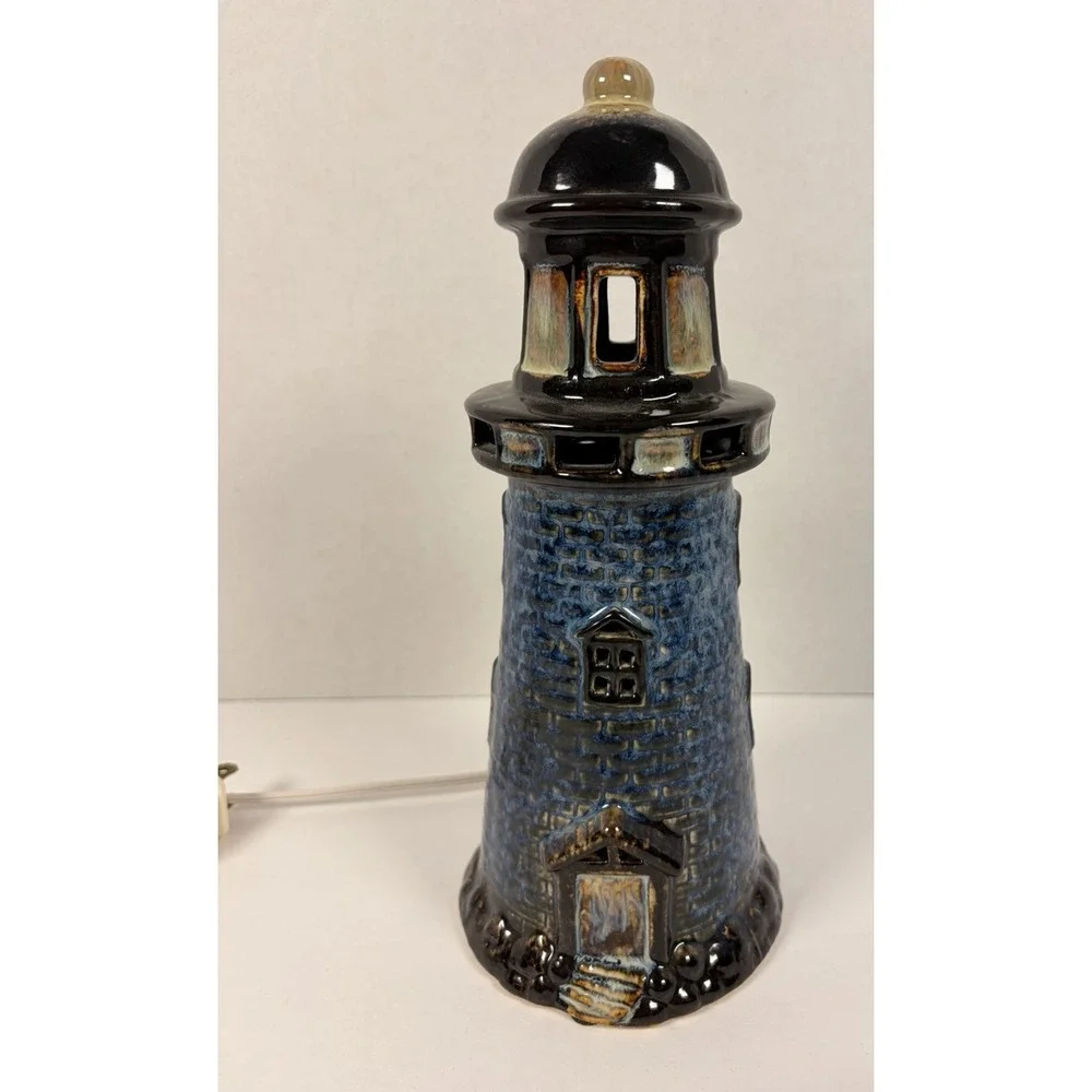 VTG Glazed Ceramic Lighthouse Plug in Table Lamp Light Blue Nautical 10