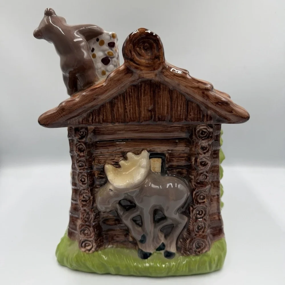 Big Sky Carvers‎ Ranger Station Bears Moose Log Cabin Ceramic Cookie Jar Rare