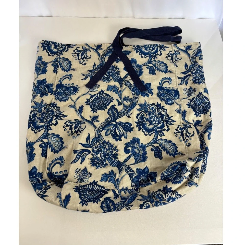 Floral Chintz Toile Canvas Tote Bag Blue Red White Reversible Large Handmade