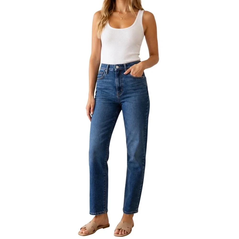 FRAME Le‎ High Straight Jeans Quirky Wash Blue Stretch Denim Size 31 Preppy Chic