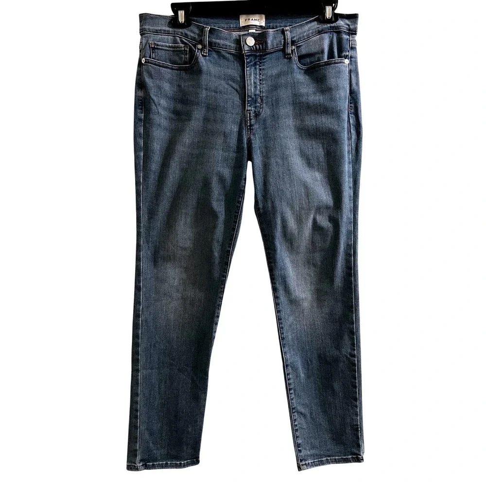 FRAME Le‎ High Straight Jeans Quirky Wash Blue Stretch Denim Size 31 Preppy Chic