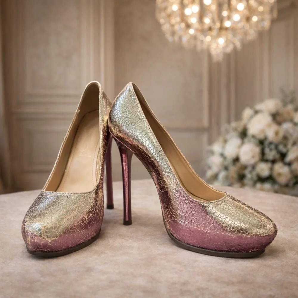 Saint Laurent YSL Gold‎ Metallic Cracked Leather Pointed Toe Pumps, 38/8